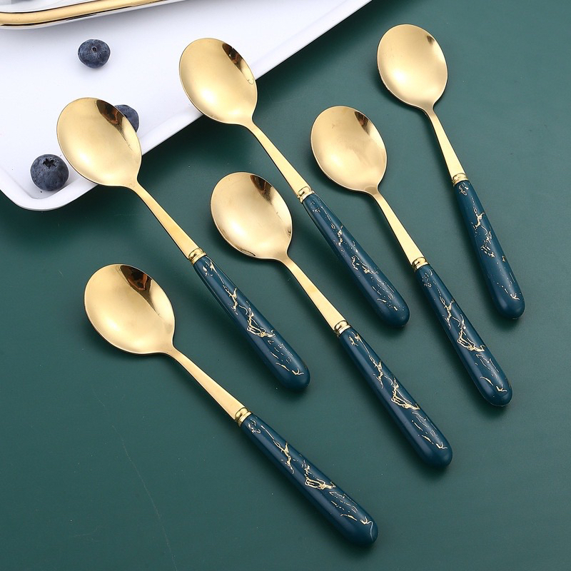 Set 6 thìa inox mạ vàng cán màu xanh ngọc vân đá cao cấp hàng loại 1 kèm hộp sang trọng