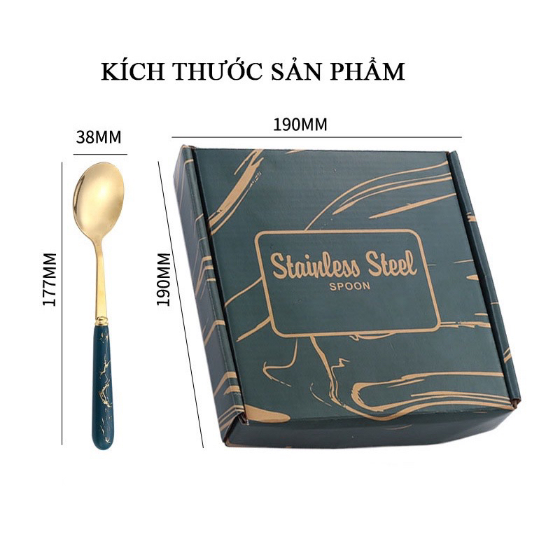 Set 6 thìa inox mạ vàng cán màu xanh ngọc vân đá cao cấp hàng loại 1 kèm hộp sang trọng