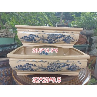 Cặp 2 chậu vẽ tay men vàng giả cổ
