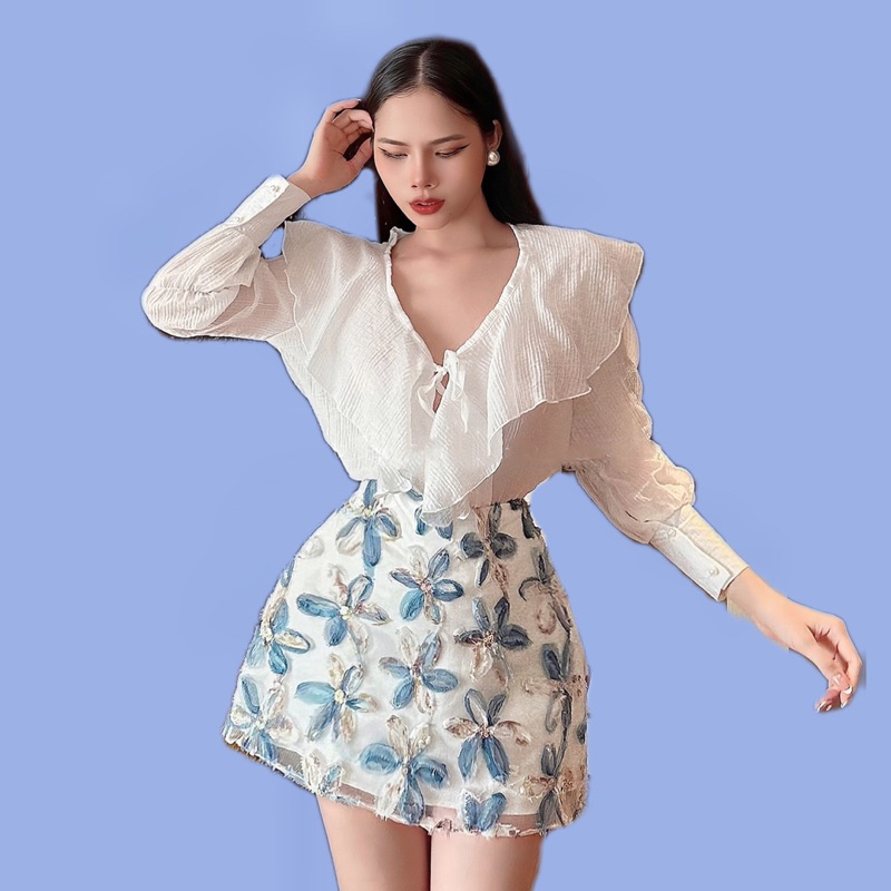 Set hoa xanh dài tay bèo buộc nơ tiểu thư