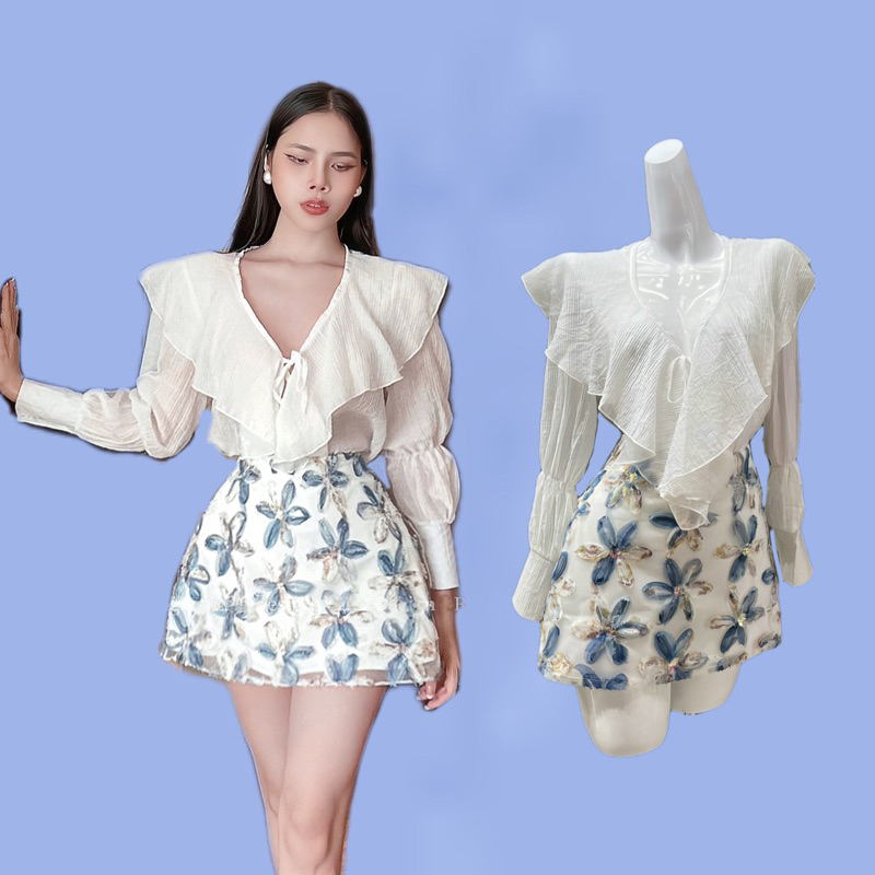 Set hoa xanh dài tay bèo buộc nơ tiểu thư