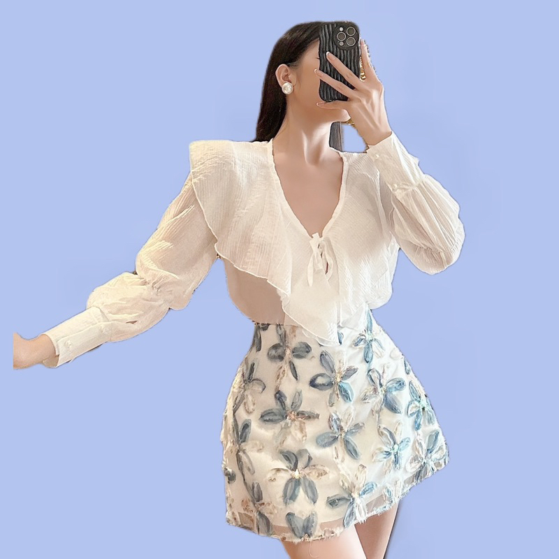 Set hoa xanh dài tay bèo buộc nơ tiểu thư