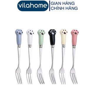 Dĩa inox cán sứ vilahome, dài 13cm ăn hoa quả, bánh kem, xúc xích. dĩa cán sứ hình chân mèo