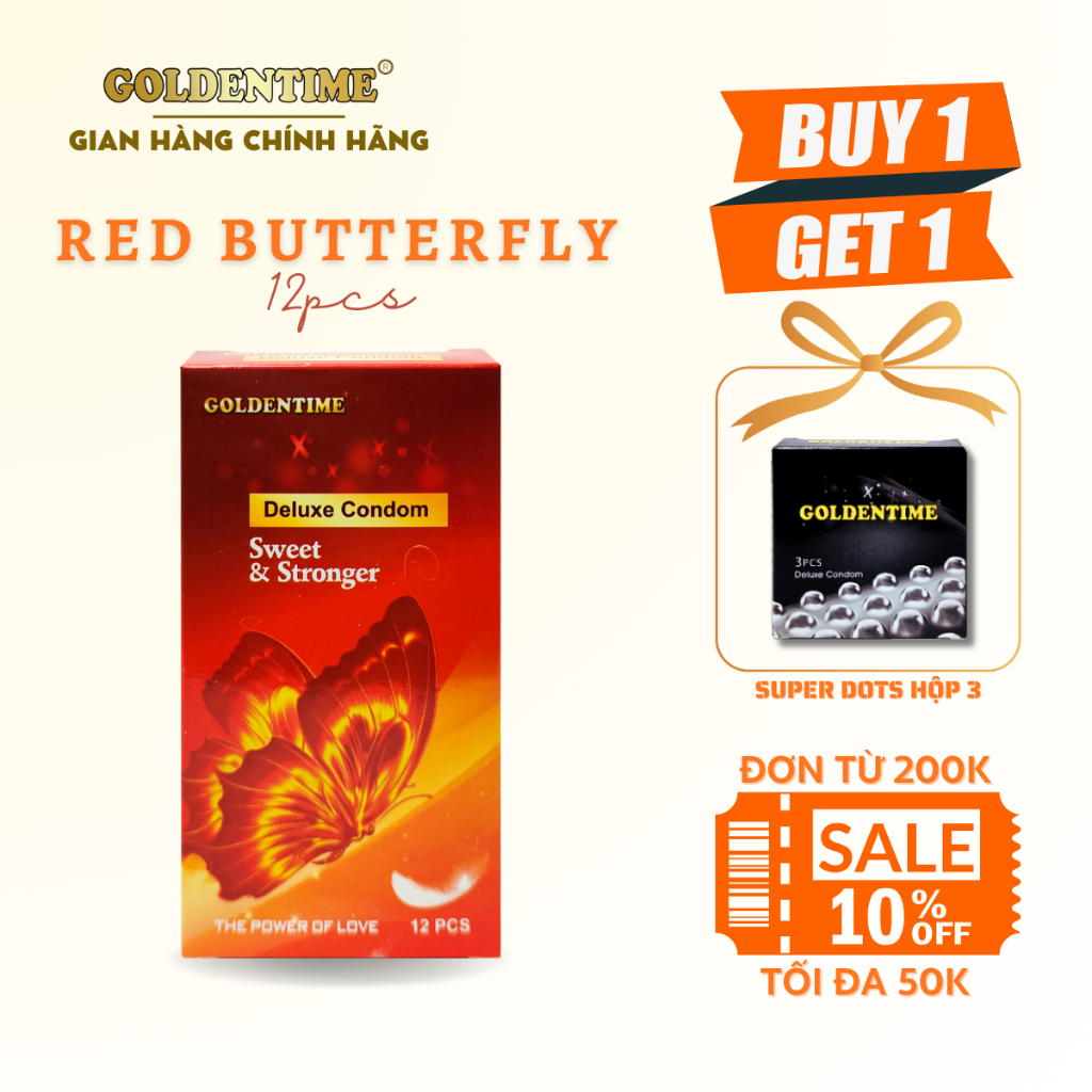 Bao cao su GOLDENTIME Red Butterfly siêu mỏng trơn mịn công nghệ Hàn Quốc size 52mm