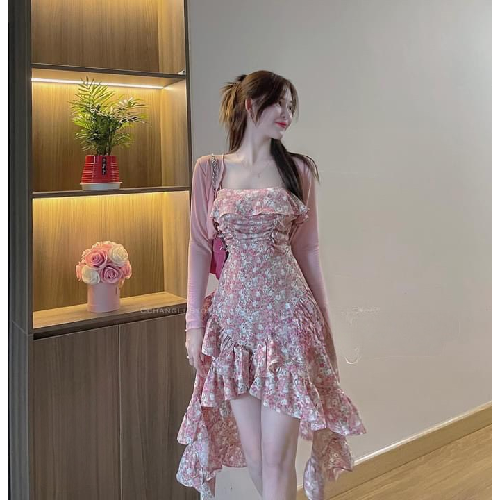 Set váy hoa tua rua kèm áo khoác cardigan dệt kim phong cách ngọt ngào nhẹ nhàng