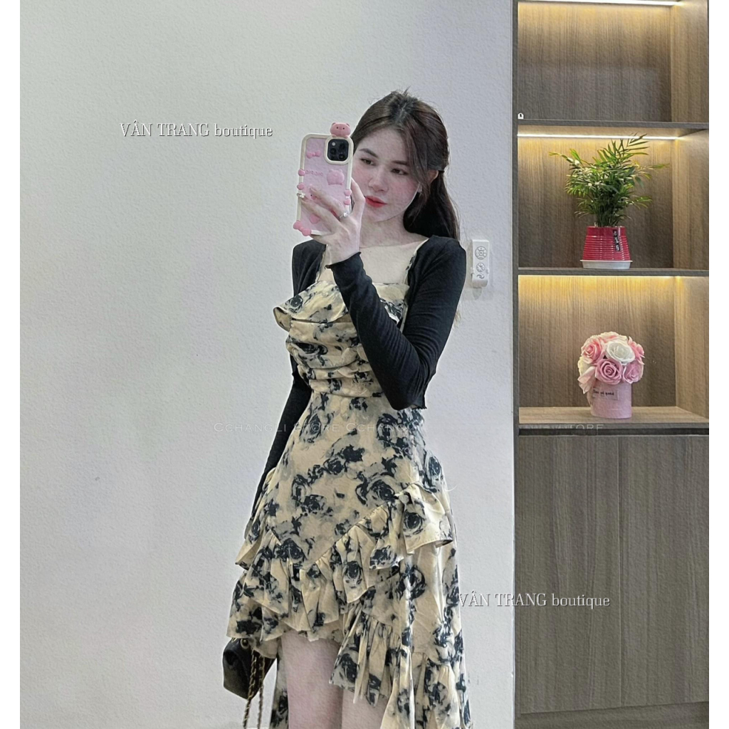 Set váy hoa tua rua kèm áo khoác cardigan dệt kim phong cách ngọt ngào nhẹ nhàng