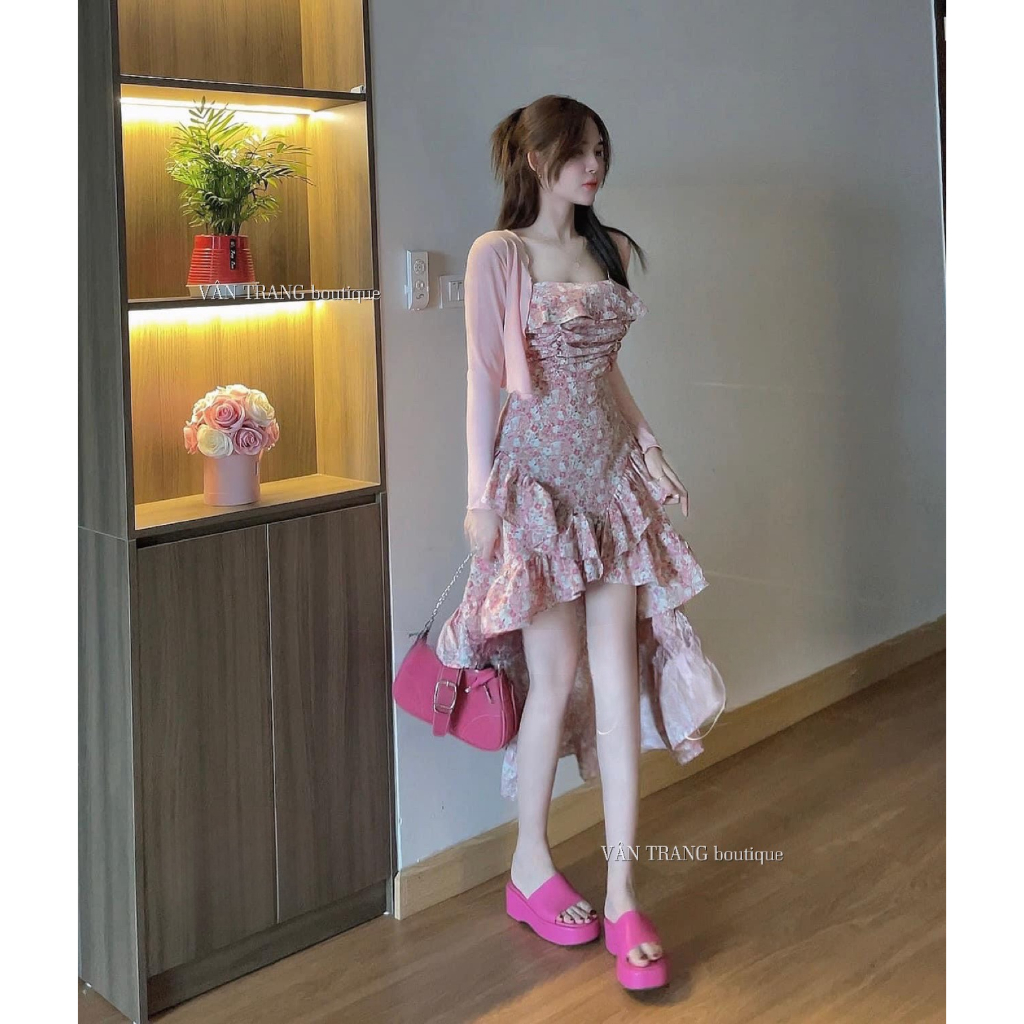 Set váy hoa tua rua kèm áo khoác cardigan dệt kim phong cách ngọt ngào nhẹ nhàng