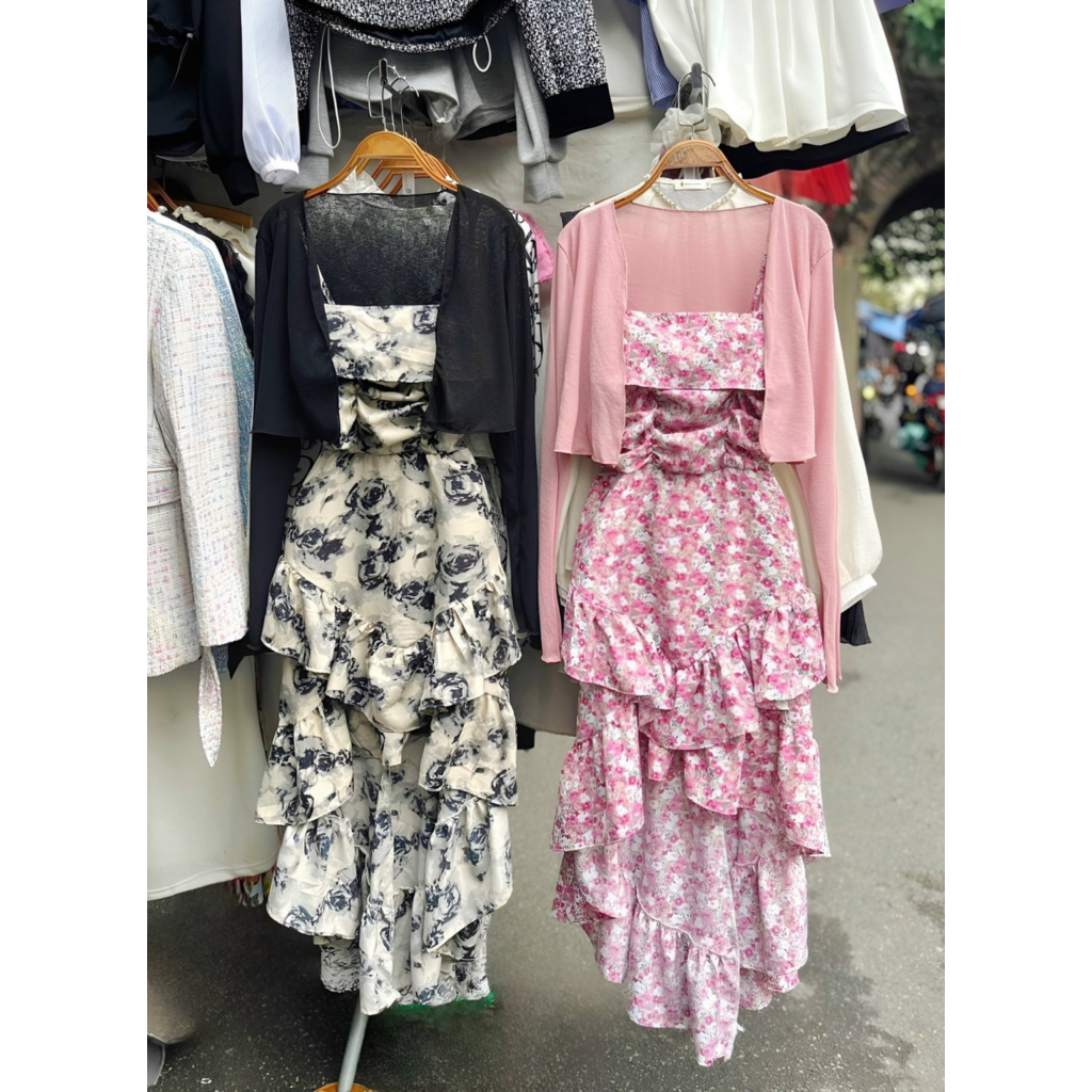 Set váy hoa tua rua kèm áo khoác cardigan dệt kim phong cách ngọt ngào nhẹ nhàng