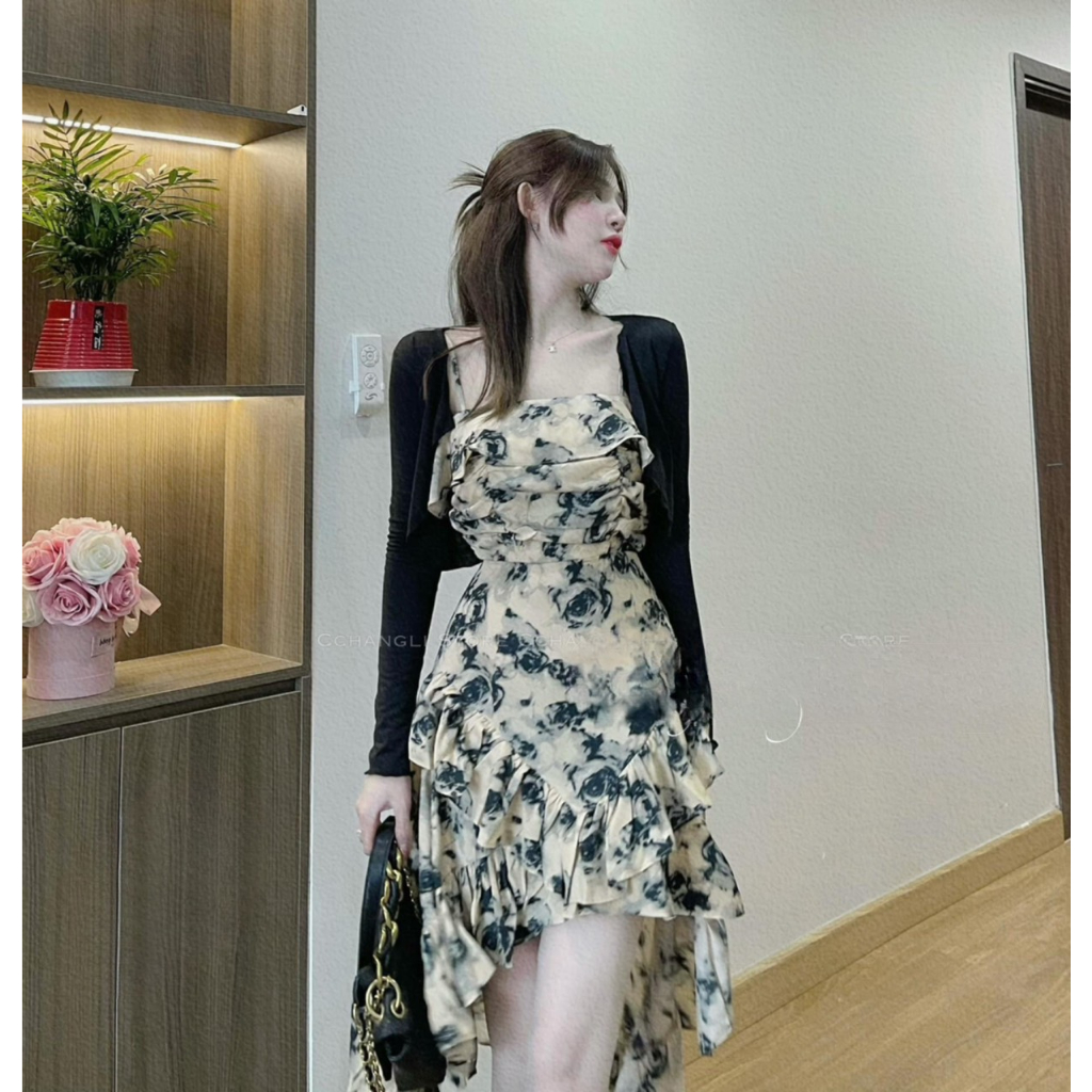 Set váy hoa tua rua kèm áo khoác cardigan dệt kim phong cách ngọt ngào nhẹ nhàng
