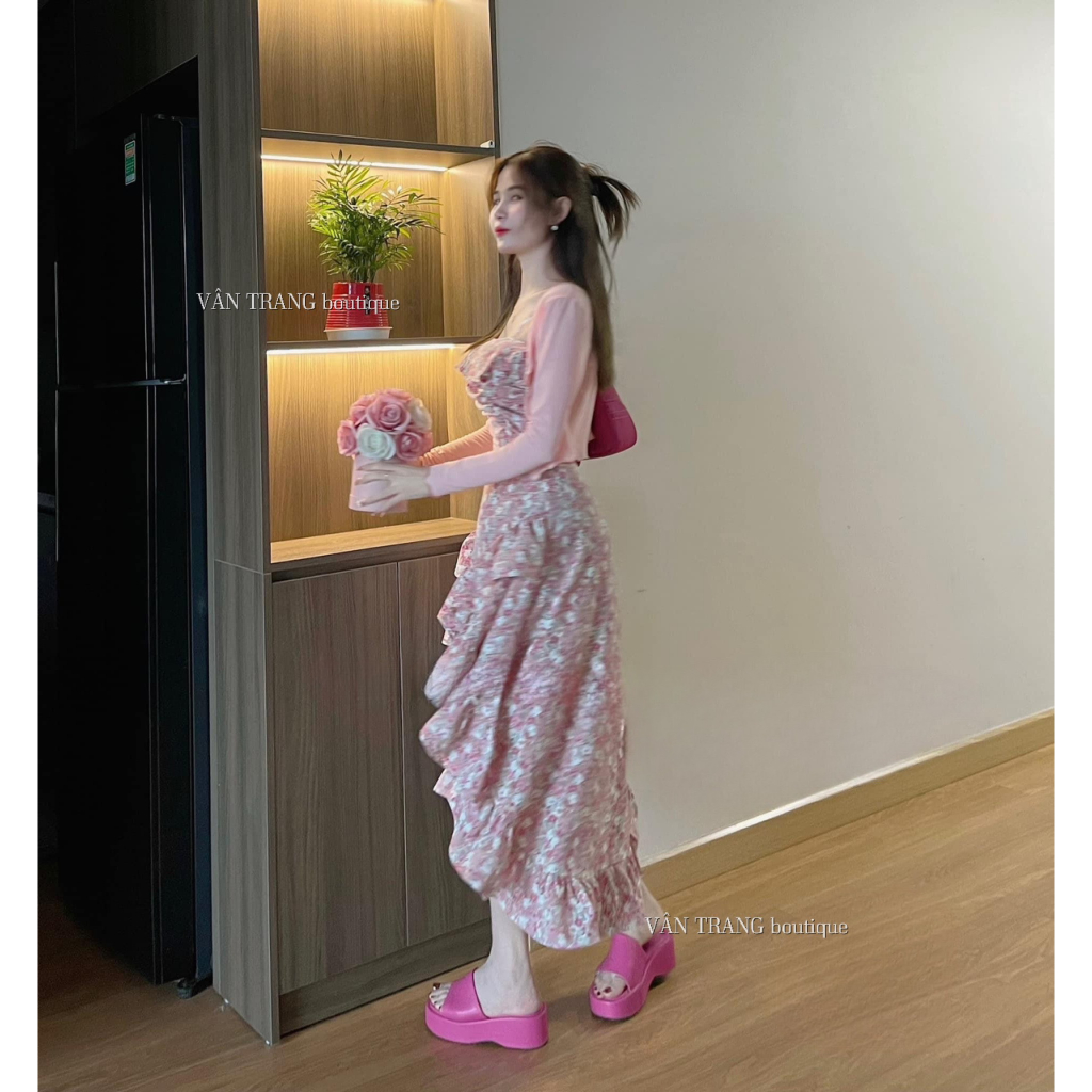 Set váy hoa tua rua kèm áo khoác cardigan dệt kim phong cách ngọt ngào nhẹ nhàng