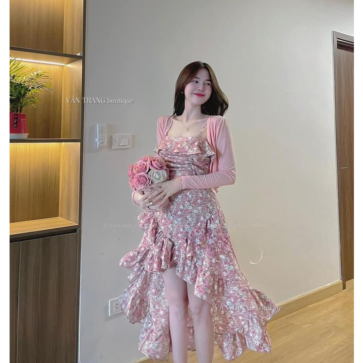 Set váy hoa tua rua kèm áo khoác cardigan dệt kim phong cách ngọt ngào nhẹ nhàng