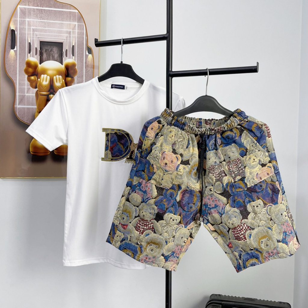 Bộ quần áo, set quần áo nam tay ngắn thêu gấu chữ D, áo chất cotton mềm mịn, quần vải bố thô dày dặn form cứng cáp