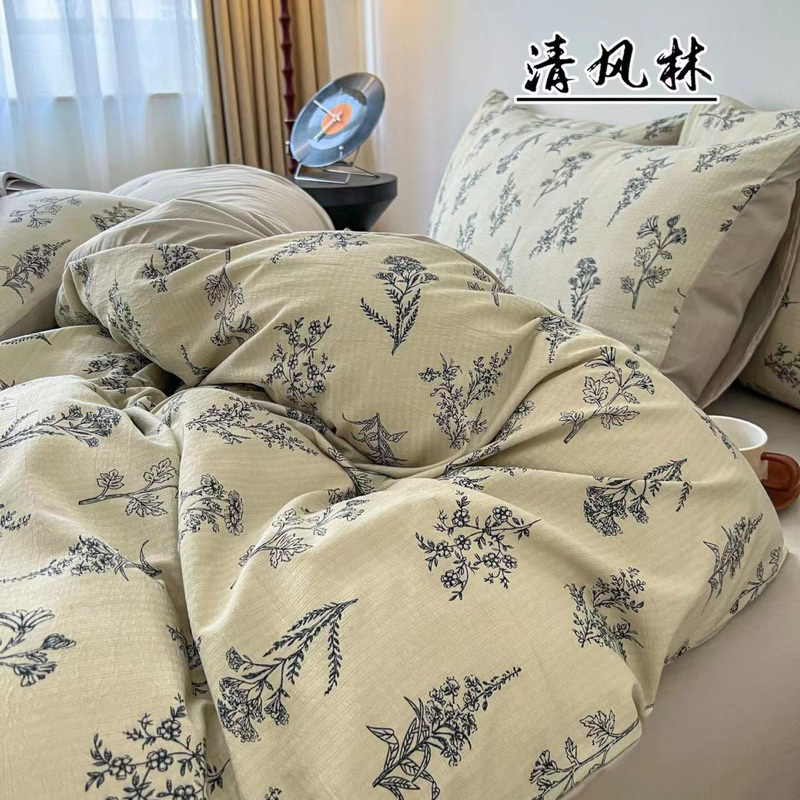 Bộ chăn ga gối cotton đũi 4 món vintage Cao cấp - hoạ tiết hoa nhí