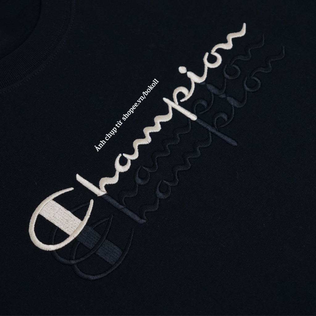 Áo thun champion thêu 3 line form rộng vải cotton organic tay lỡ phong cách đường phố hàng quảng châu cao cấp