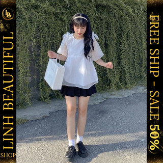 💕𝙁𝙍𝙀𝙀𝙎𝙃𝙄𝙋💕Set babydoll nữ voan tơ 2 lớp nơ vai kiểu dáng hàn quốc ulzzang tiểu thư bánh bèo dễ thương - Linh Beautiful
