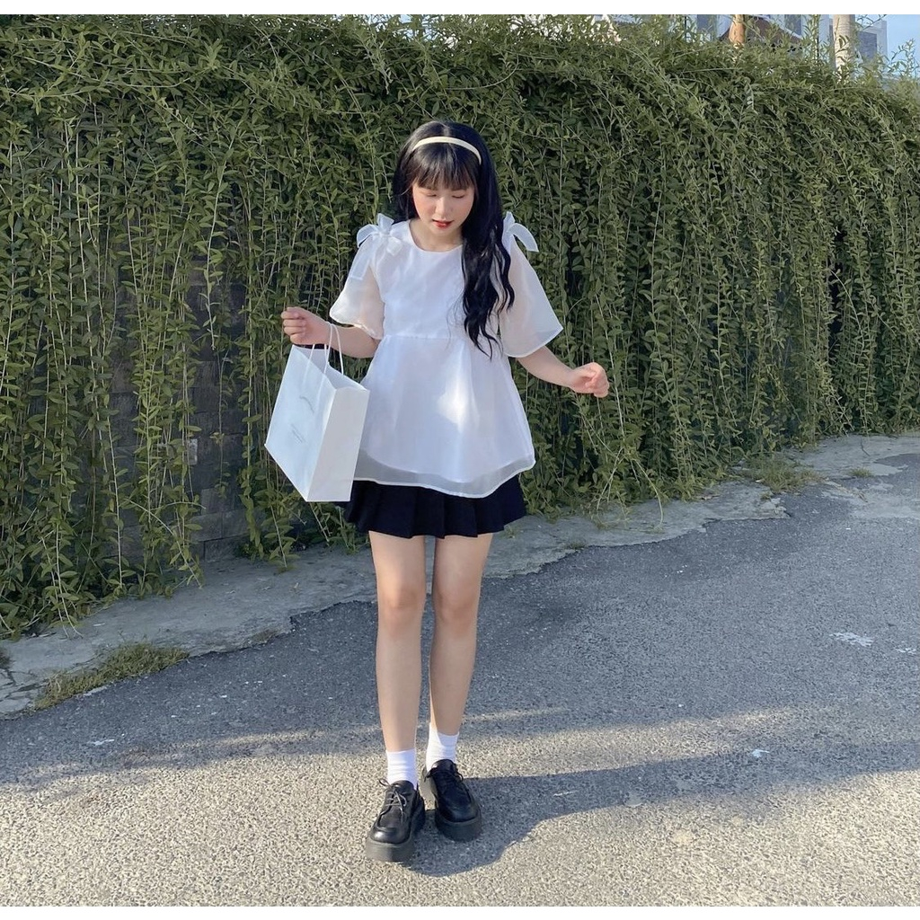 💕𝙁𝙍𝙀𝙀𝙎𝙃𝙄𝙋💕Set babydoll nữ voan tơ 2 lớp nơ vai kiểu dáng hàn quốc ulzzang tiểu thư bánh bèo dễ thương - Linh Beautiful