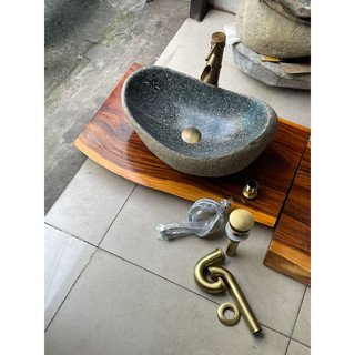 Bộ lavabo đá gồm 3 món ( chậu + vòi trúc + xã màu đồng)