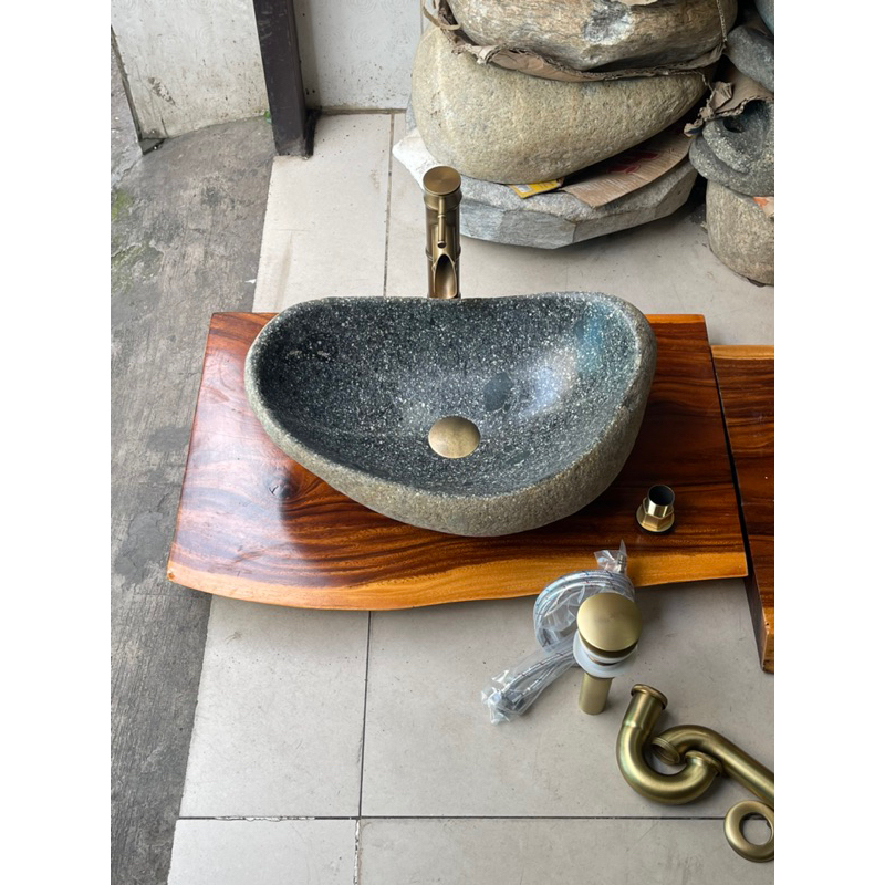 Bộ lavabo đá gồm 3 món ( chậu + vòi trúc + xã màu đồng)