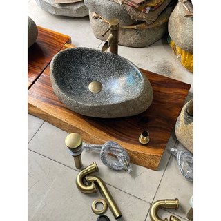 Bộ lavabo đá gồm 3 món ( chậu + vòi trúc + xã màu đồng)