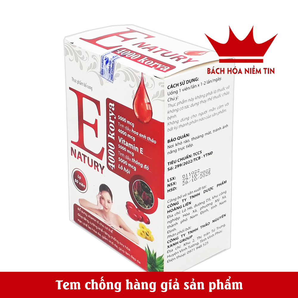 Viên Uống đẹp da Vitamin E Đỏ 4000mcg Natury Korya - Hộp 50v - Chiết xuất lô hội. chiết xuất dầu thông đỏ chống lão hóa