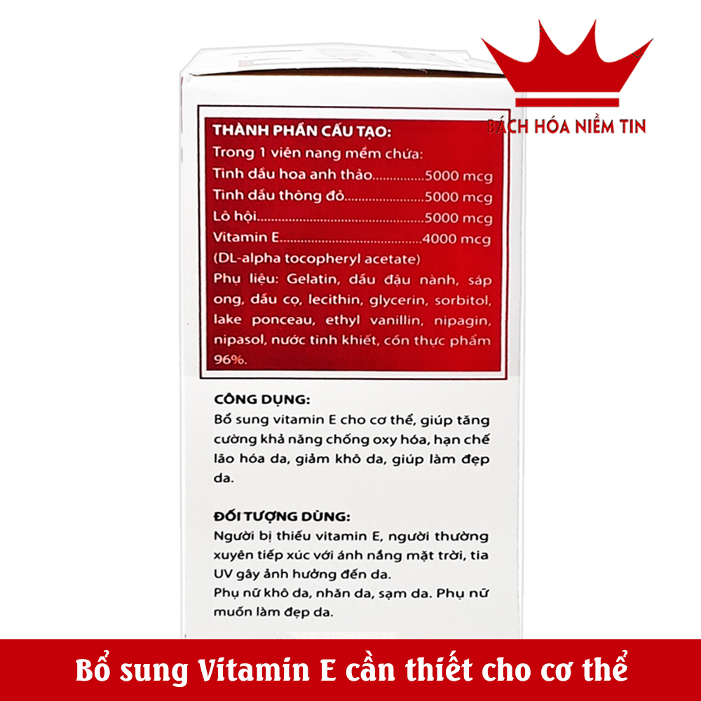 Viên Uống đẹp da Vitamin E Đỏ 4000mcg Natury Korya - Hộp 50v - Chiết xuất lô hội. chiết xuất dầu thông đỏ chống lão hóa