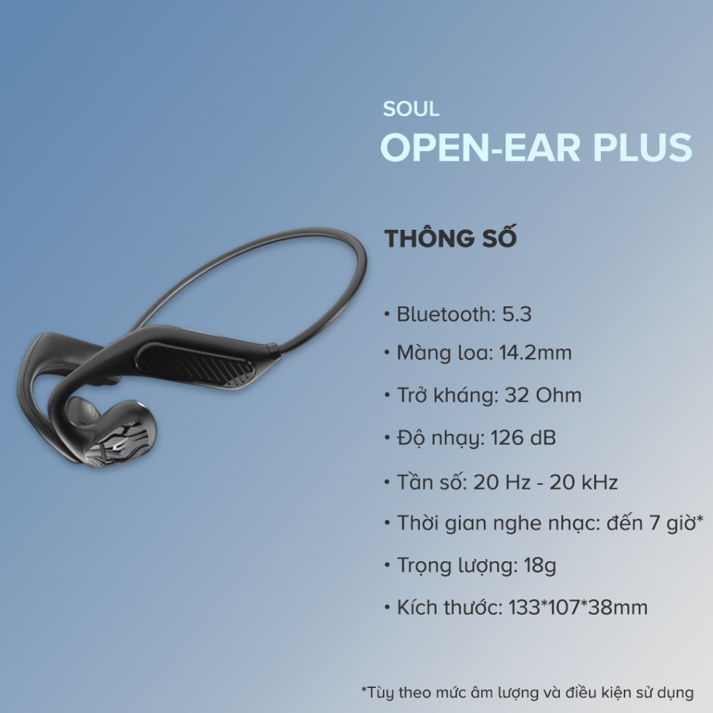 Tai Nghe Dẫn Khí Truyền Âm SOUL Open-ear Plus, BT 5.3, Driver 14.2mm, Kháng Nước IPX5, Nghe Nhạc Đến 7H -Hàng Chính Hãng