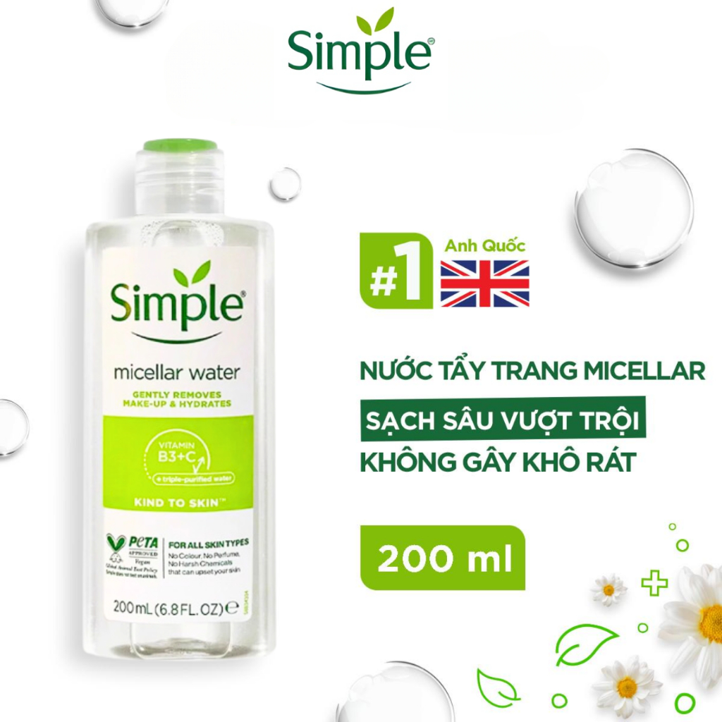 Nước Tẩy Trang Simple Micellar Water Làm Sạch Lớp Trang Điểm Make Up Mặt Mắt Môi Dưỡng Cấp Ẩm Da Dầu Nhạy Cảm 200/400ml