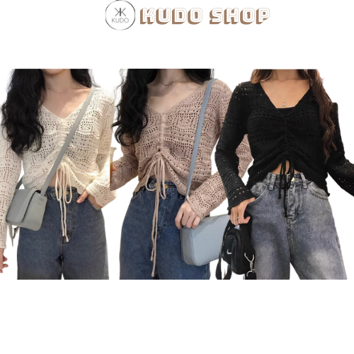 Áo ren dài tay dây rút ngực, Áo kiểu nữ tay dài 3 màu nhẹ nhàng rất thích hợp cho mùa thu Kudoshop