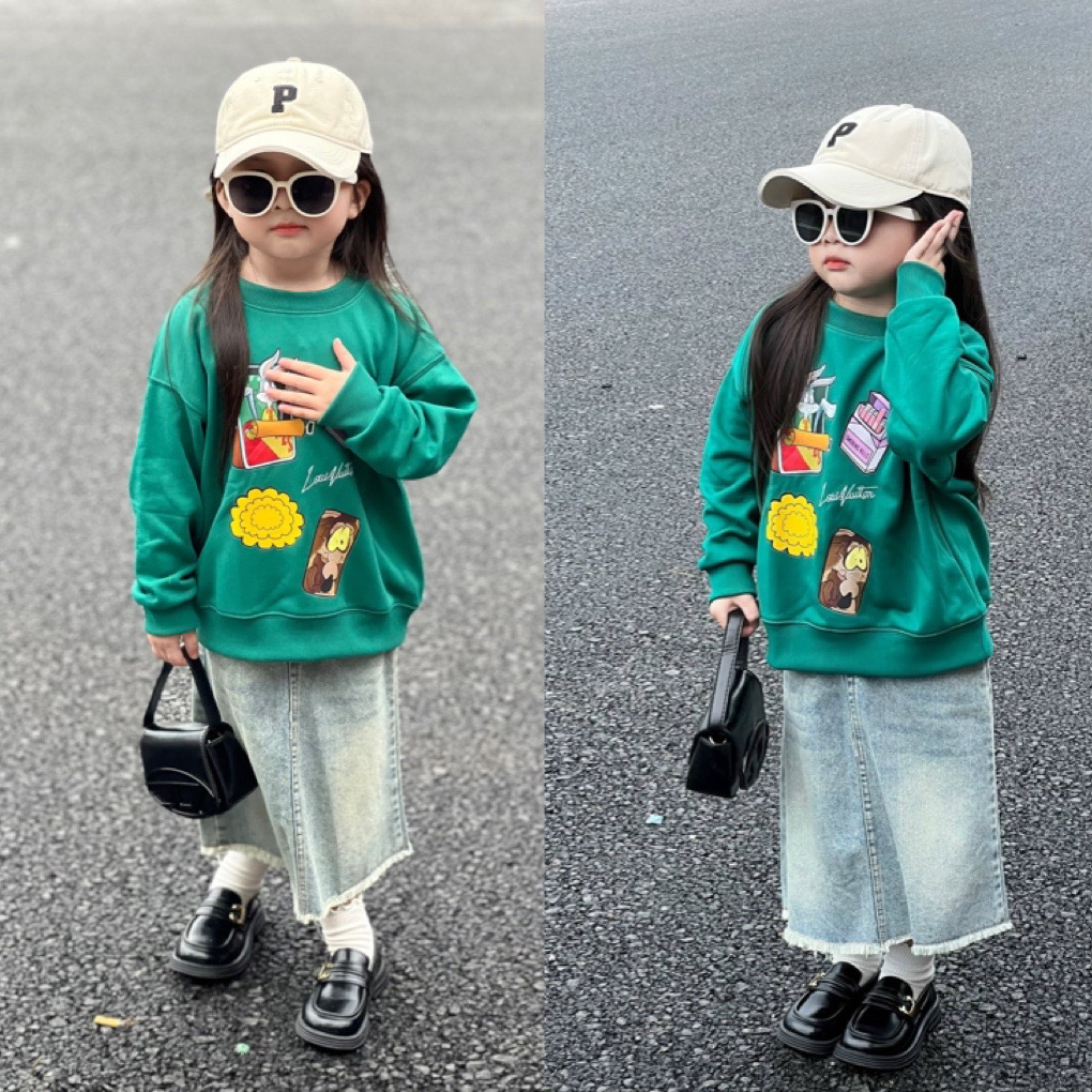Áo nỉ cổ tròn l v bao thuốc 4 chi tiết basic cáo cho bé , áo sweater thu đông cho bé trai , gái , Kid_genz