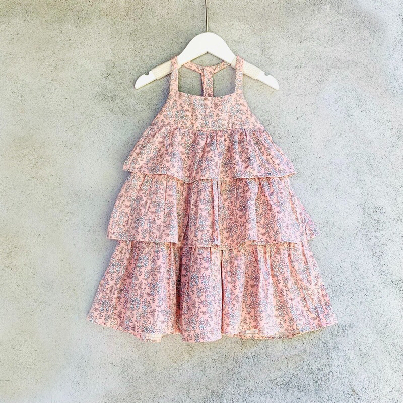 Váy Đầm cho bé gái BONITA, 3 tầng nhí xanh biển và Hồng san hô, chất đũi sướt mềm mát