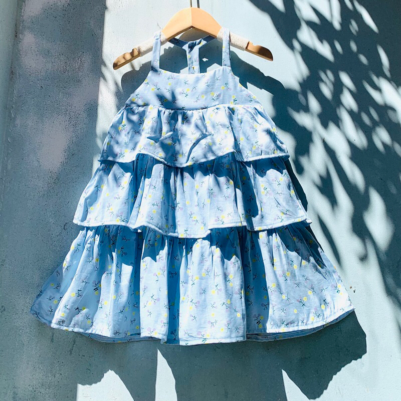 Váy Đầm cho bé gái BONITA, 3 tầng nhí xanh biển và Hồng san hô, chất đũi sướt mềm mát