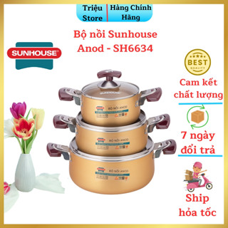 Bộ nồi Sunhouse sh6634 3 món công nghệ Anod cao cấp, dùng bếp gas bếp hồng ngoại size 16-20-24cm