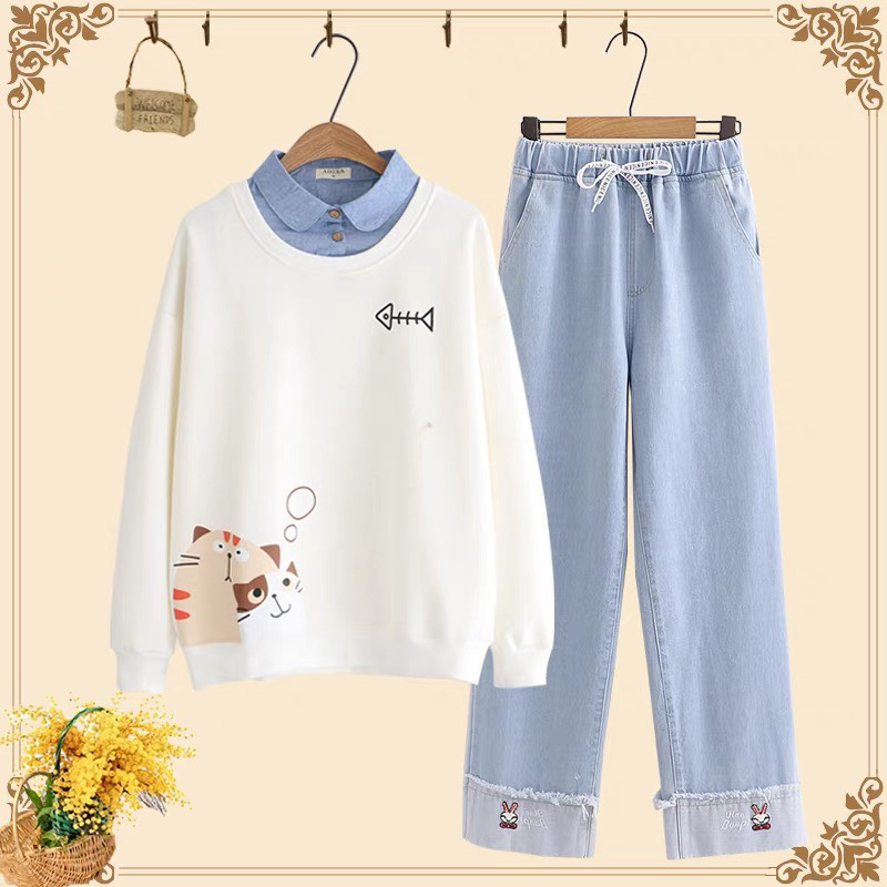 Set áo cổ sen kèm quần jean cho bé gái size đại thời trang trẻ em BEESHOP D23030