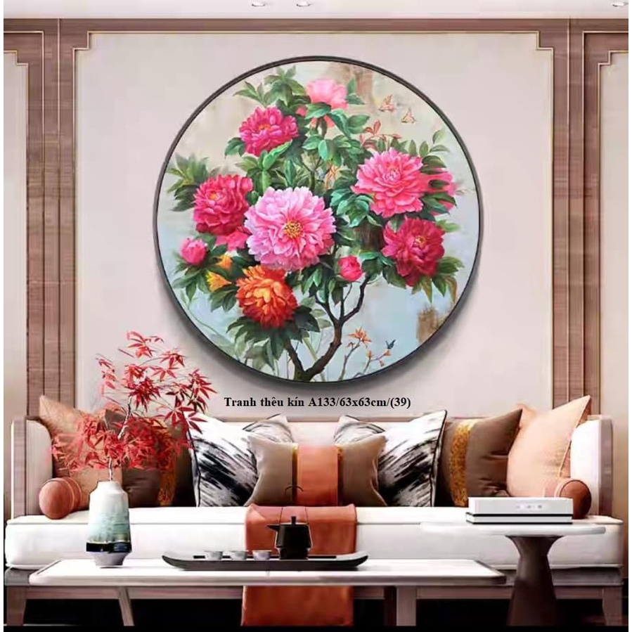 Tranh thêu chữ thập Hoa Mẫu Đơn đỏ phú quý A133(63x63cm)