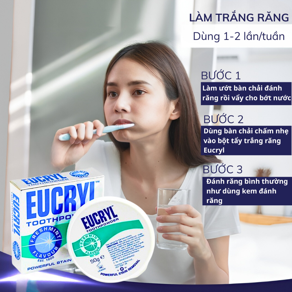Bột Tẩy Trắng Răng Eucryl Làm Sạch Chăm Sóc Răng Trắng Sáng Chắc Khỏe Hương Bạc Hà Thơm Miệng Tooth Powder 50g