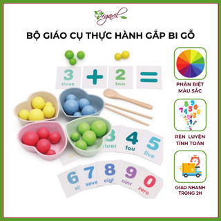 Bộ giáo cụ Montessori thực hành tập gắp bi gỗ - Giáo cụ Montessori bộ đồ chơi gắp bi gỗ phân biệt màu sắc và số đếm