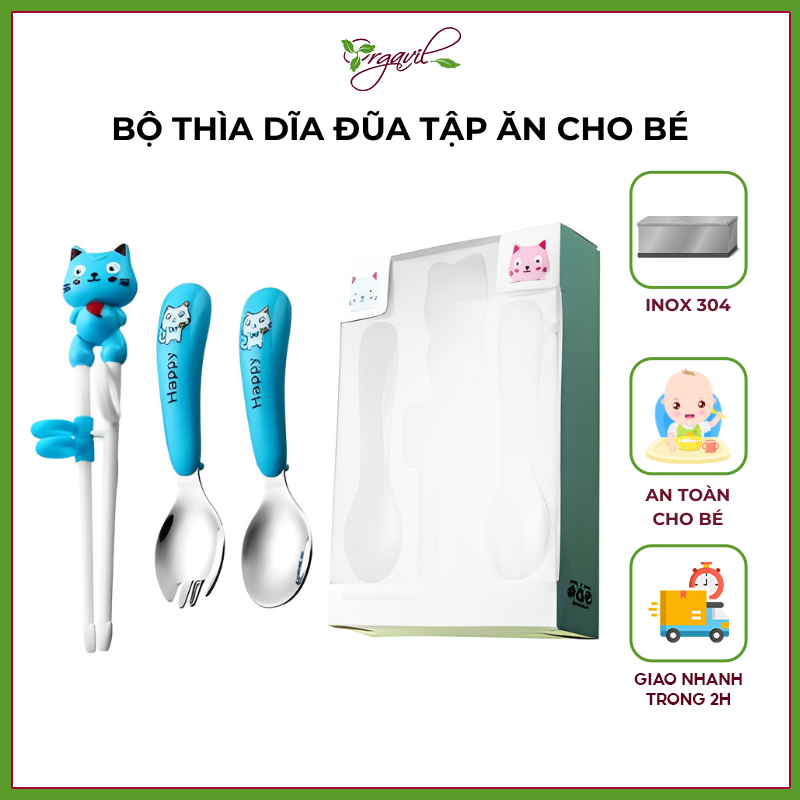 Bộ Thìa Dĩa Đũa Tập Ăn An Toàn Cho Bé Bằng Inox 304, Đũa Ăn Dặm Xỏ Ngón Tập Gắp Cho Trẻ Em, Thìa Tập Xúc Hình Con Mèo