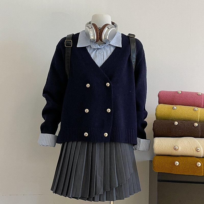 Sẵn| Áo len cardigan khuy kép dài tay cổ V mùa đông cho nữ