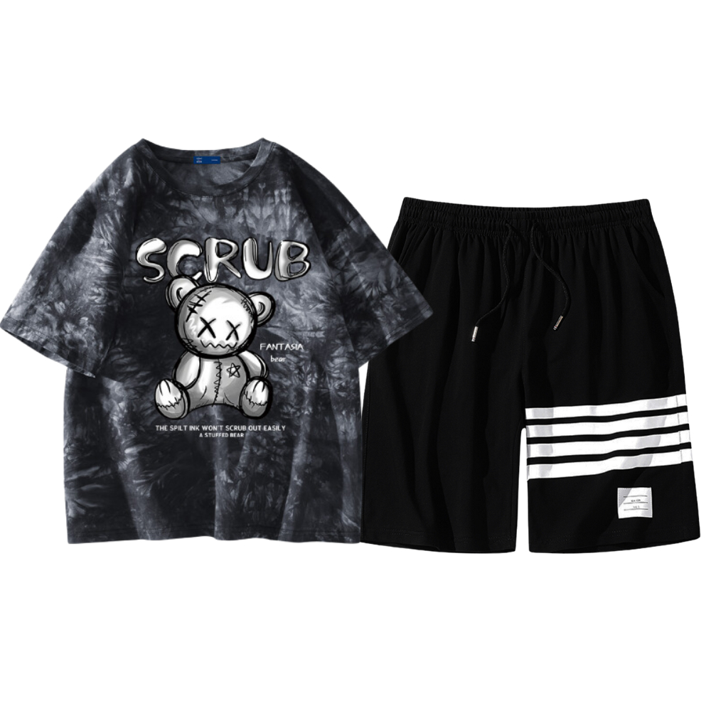 Mẫu mới combo áo thun form rộng hoạt hình kèm quần short sọc ngang cá tính zenkodlmen top 014 ghep short 016