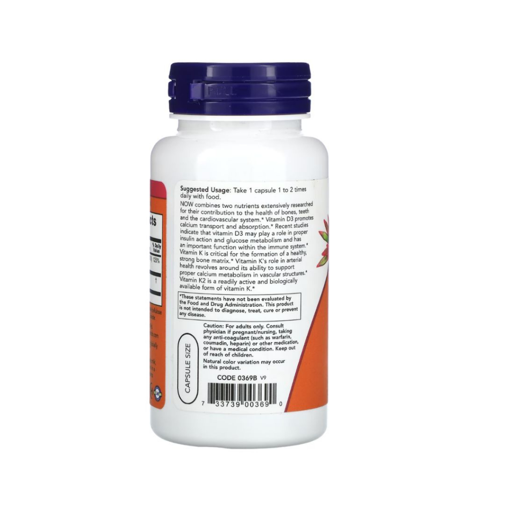 Bổ sung vitamin D3, K2 Now Vitamin D-3 & K-2, 1,000 IU / 45 mcg 120 viên tăng sức đề kháng, cải thiện sức mạnh cơ bắp