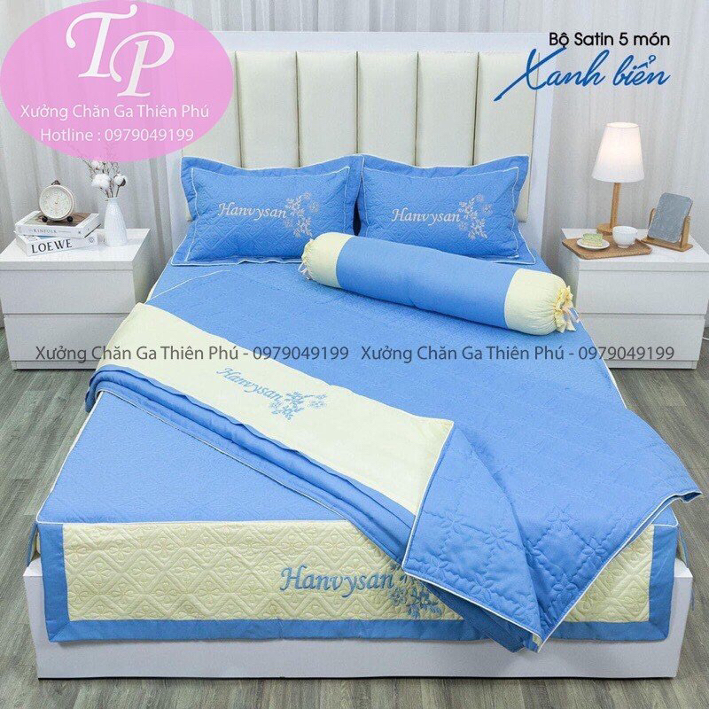 Bộ Chăn Ga Gối Cotton Satin 5 Món Cao Cấp Ga Phủ Trần Bông - Vỏ Chăn Lồng Được Ruột