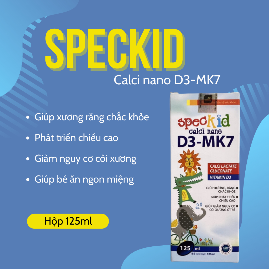 Siro Speckid Calci Nano D3 MK7 giúp bé hấp thu canxi vào răng, xương và phát triển chiều cao chai 125ml