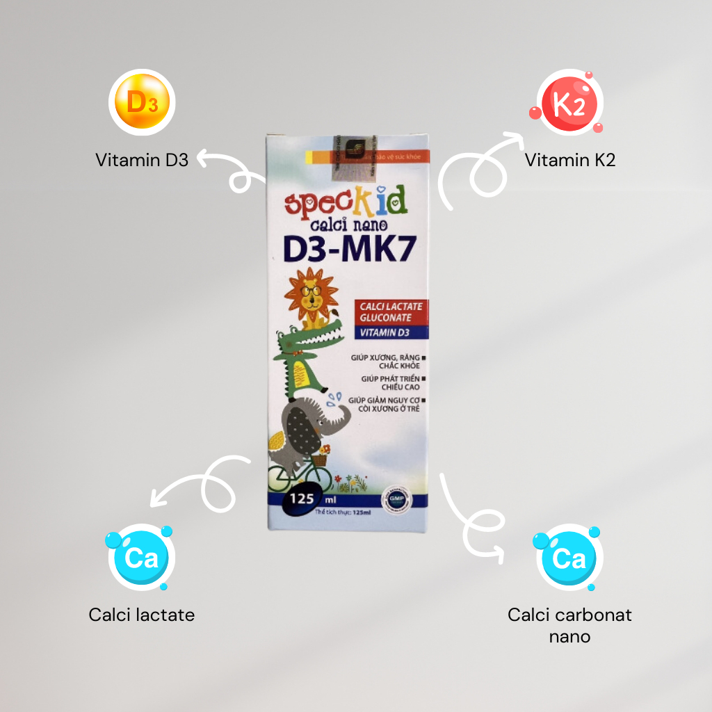 Siro Speckid Calci Nano D3 MK7 giúp bé hấp thu canxi vào răng, xương và phát triển chiều cao chai 125ml