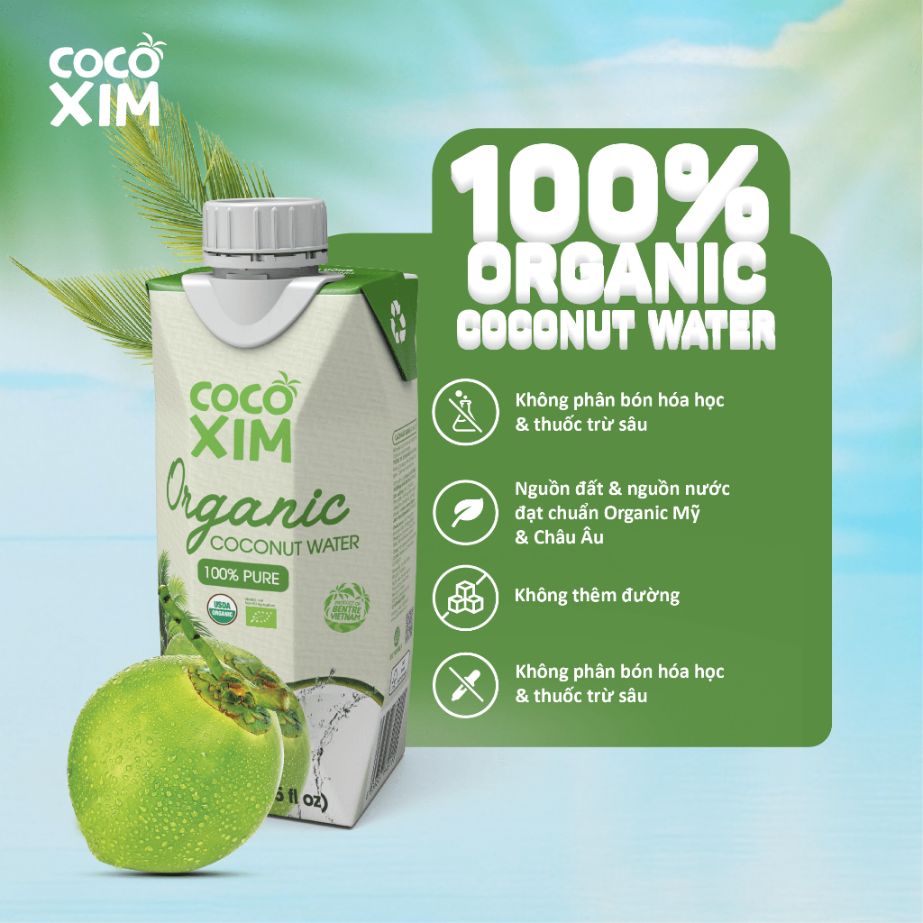 Nước dừa đóng hộp Cocoxim Organic dung tích 330ml/Hộp