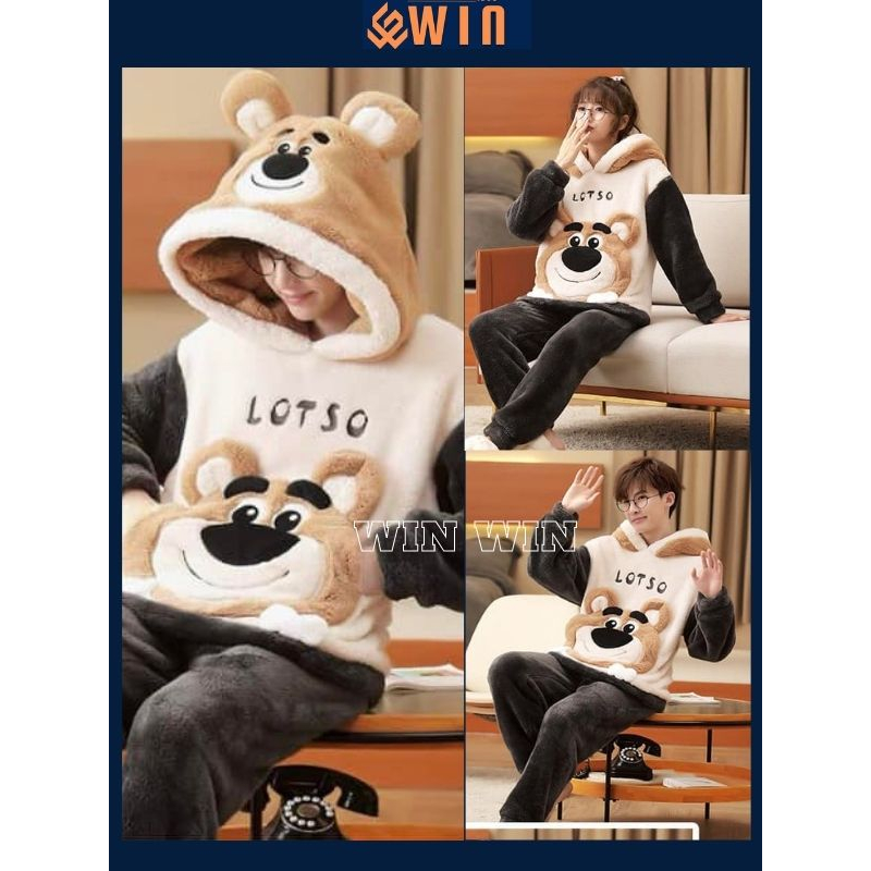 Bộ ngủ lông mềm mại hoạ tiết gấu lotsso dễ thương, bộ ngủ mùa đông dày dặn ấm áp phong cách hàn quốc - WIN