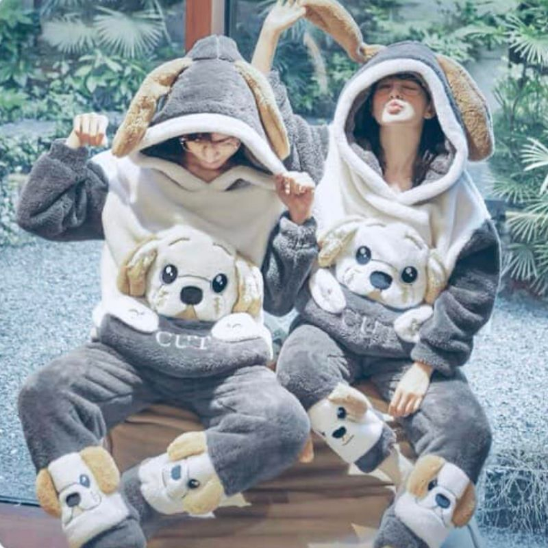 Bộ đồ ngủ lông hoạ tiết chó tai dài siêu kute dễ thương, Đồ bộ có mũ trùm đầu hoạt hình thêu 2 gấu xinh xắn - WIN