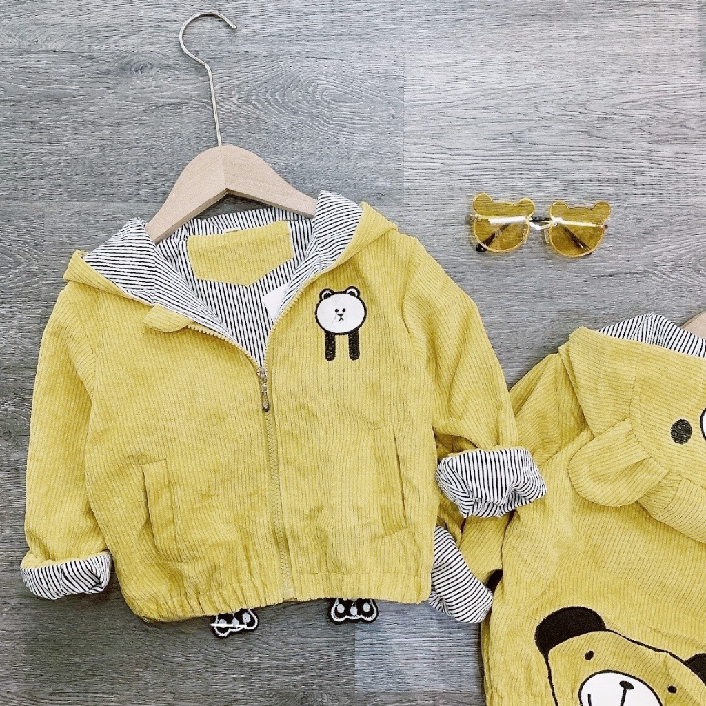 Áo khoác cho bé, áo khoác nhung tăm 2 lớp thêu đắp hình gấu dễ thương cho bé trai, bé gái