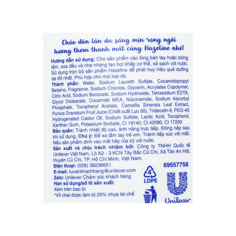 Sữa tắm Hazelin 800g/1kg