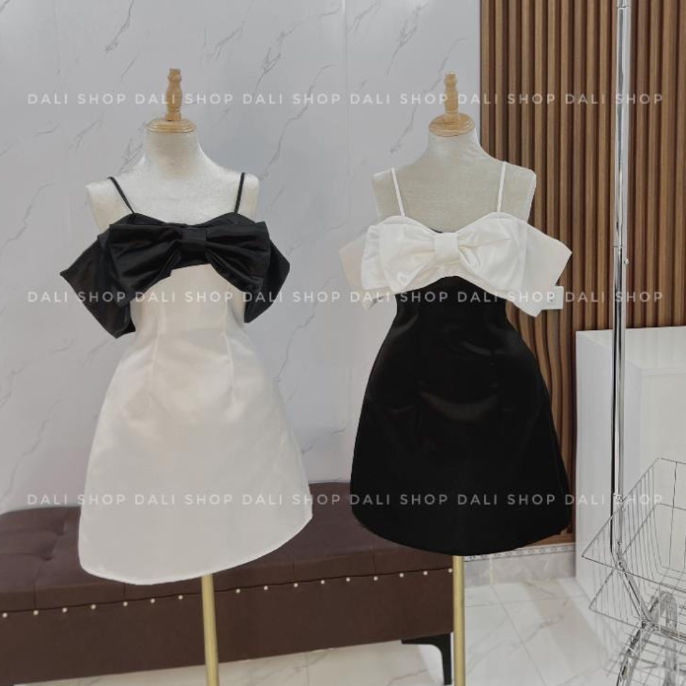 Váy Tafta 2 dây dự tiệc đính nơ kép, váy hở vai thiết kế tiểu thư sang trọng có mút ngực | BigBuy360 - bigbuy360.vn