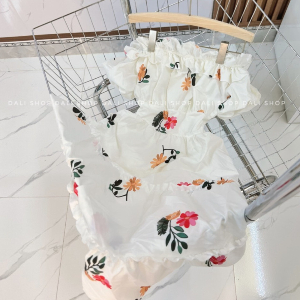 Váy hoa đi biển trễ vai, đầm hoa dáng dài trễ vai 2 lớp, họa tiết hoa thêu tỉ mỉ cho nữ